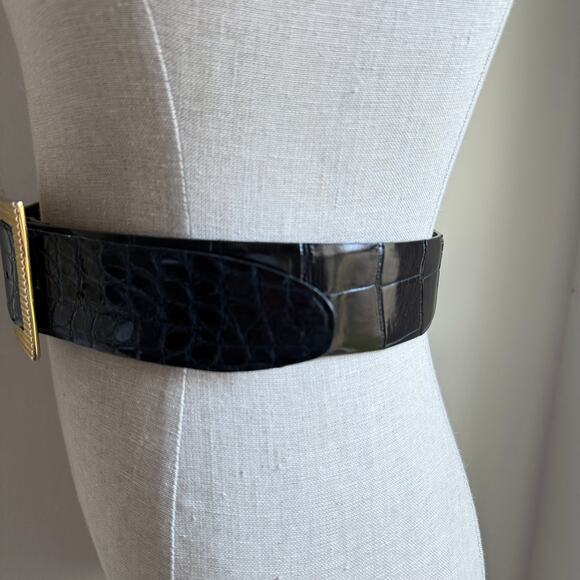 Kleinberg Sherrill American Alligator Belt Navy Gold Buckle Womens M Made in USA main image 9